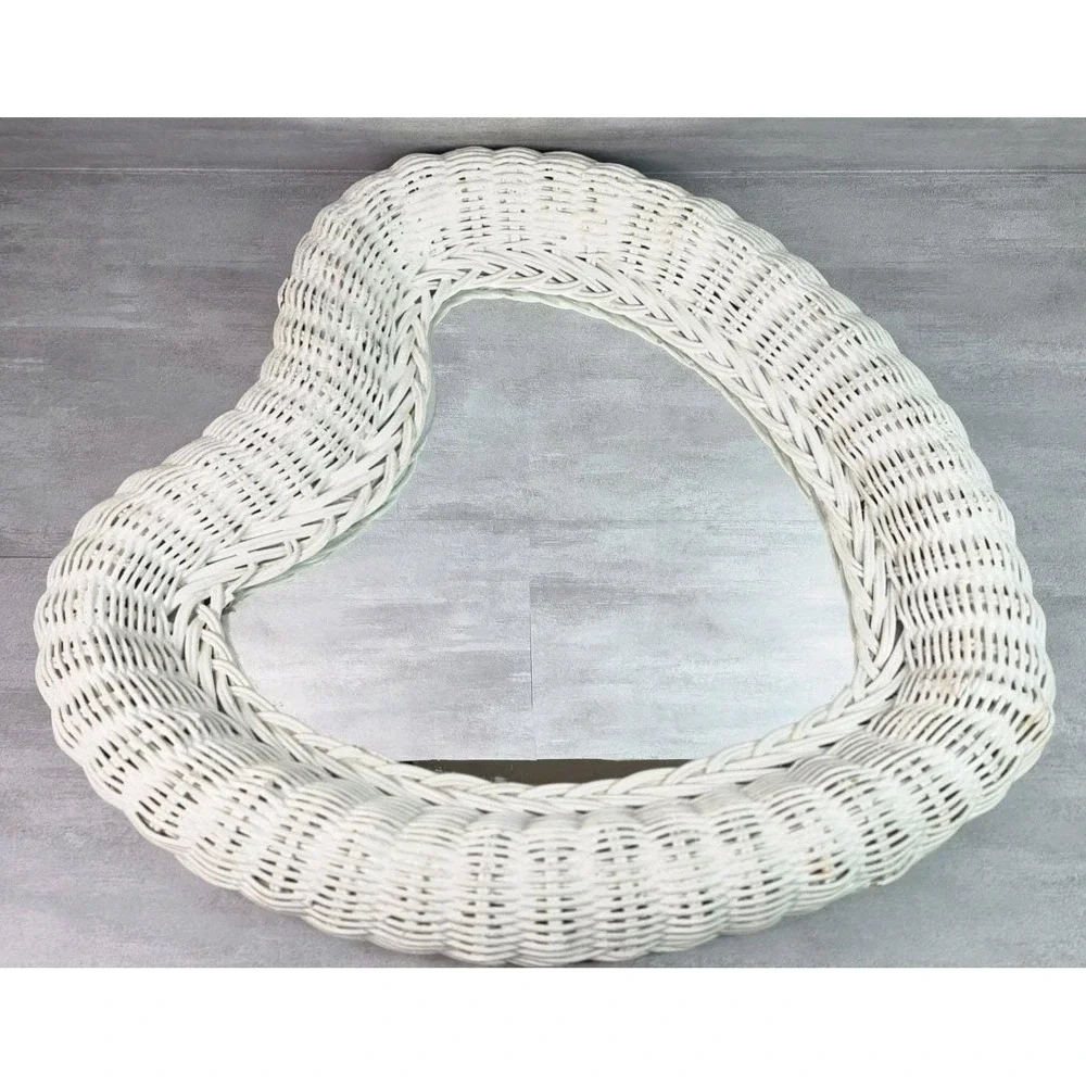 Heart White Wicker Wall Mirror Cottagecore Shabby Chic Rustic Boho 18x18